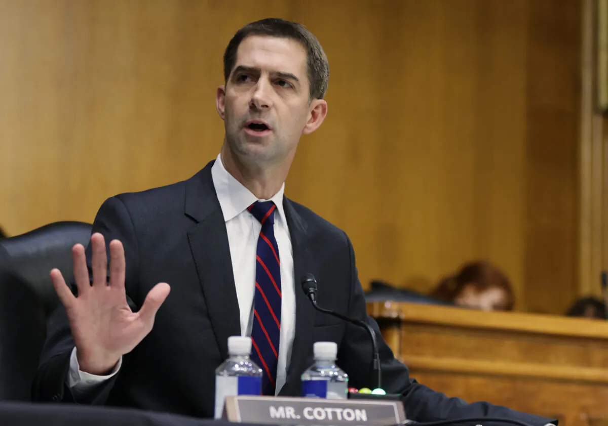 Sen. Tom Cotton (R-Ark.) questions U.S. Attorney General Merrick Garland as he testifies at a Senate Judiciary Committee hearing about oversight of the Department of Justice in Washington, on Oct. 27, 2021. (Tasos Katopodis-Pool/Getty Images)