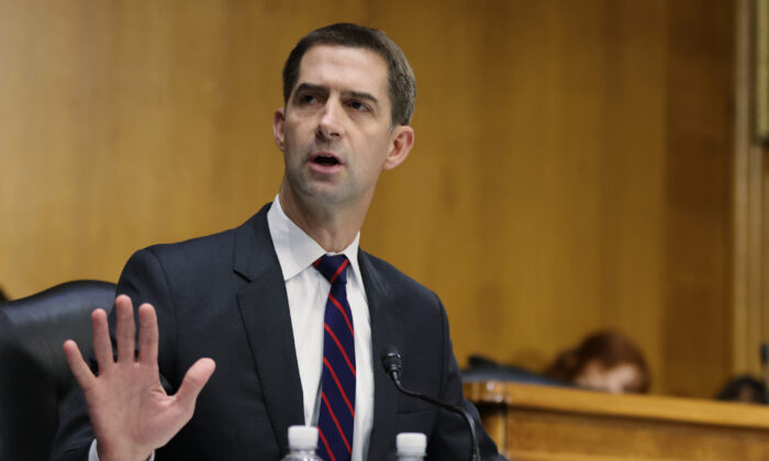 Sen. Tom Cotton (R-Ark.) questions U.S. Attorney General Merrick Garland as he testifies at a Senate Judiciary Committee hearing about oversight of the Department of Justice in Washington, on Oct. 27, 2021. (Tasos Katopodis-Pool/Getty Images)