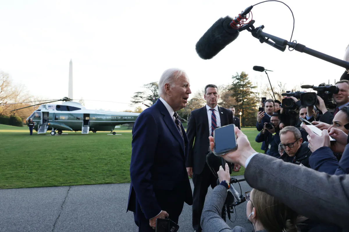 U.S. President Joe Biden speaks to members of the press after he arrived at the White House in Washington on March 9, 2023. Biden returned from Philadelphia to release his Budget for Fiscal Year 2024. (Alex Wong/Getty Images)