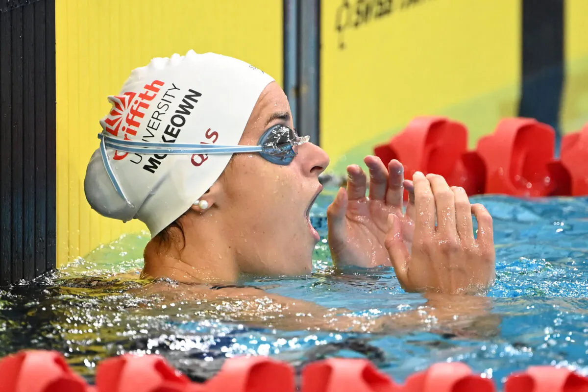 A supplied image of Kaylee McKeown after her 200m backstroke world record swim during the 2023 NSW State Open Championships at Sydney Olympic Park Aquatic Centre, Sydney, Mar 10, 2023. (AAP Image/Supplied by Swimming NSW, Delly Carr) 