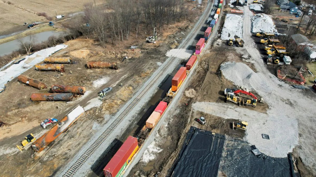 General view of the site of the derailment of a train carrying hazardous waste in East Palestine, Ohio on March 2, 2023. (Alan Freed/Reuters)