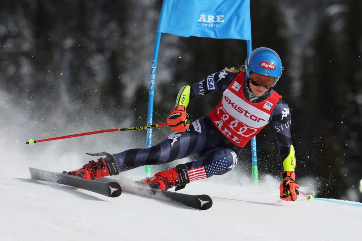 United States' Mikaela Shiffrin speeds down the course during an alpine ski, women's World Cup giant slalom race, in Are, Sweden, on March 10, 2023. (Alessandro Trovati/AP Photo)