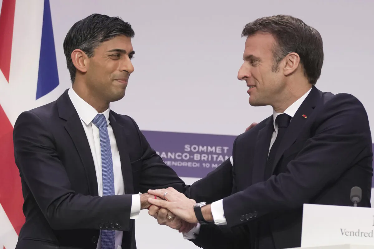 UK Prime Minister Rishi Sunak (left) and French President Emmanuel Macron during a joint press conference at Elysee Palace, in Paris, on March 10, 2023. (Kin Cheung/PA Media)