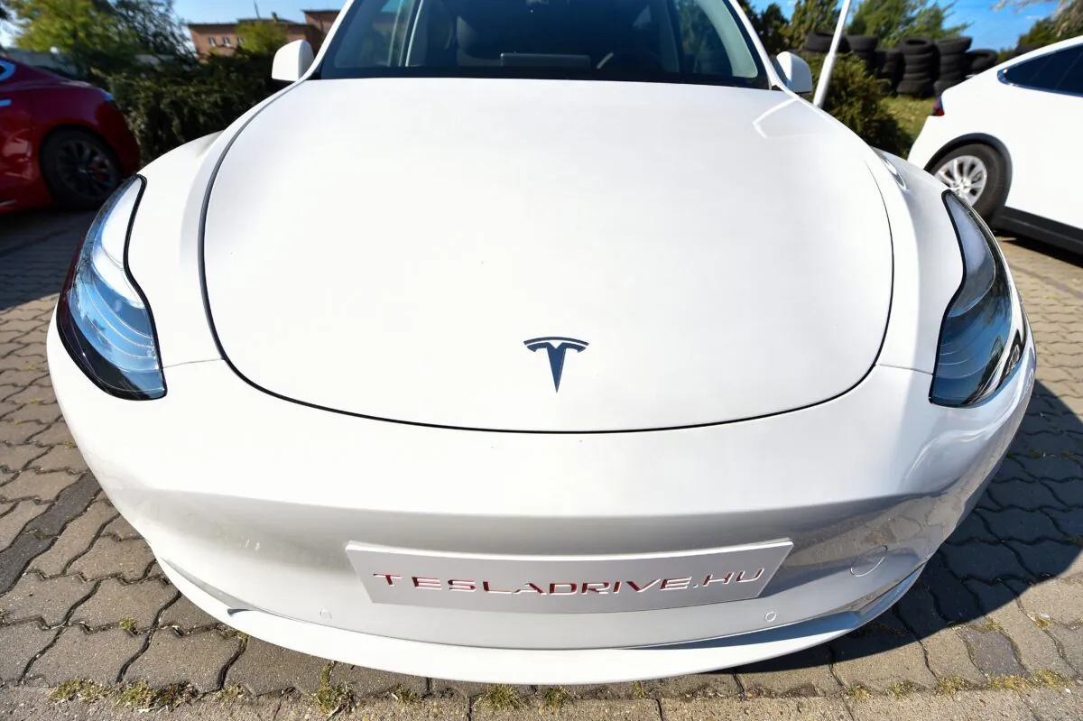 A picture taken on September 5, 2020 shows the front of a "Tesla Model Y" car, an all-electric compact SUV by US electric car giant Tesla, during its presentation at the Automobile Club in Budapest. (Photo by ATTILA KISBENEDEK/AFP via Getty Images)