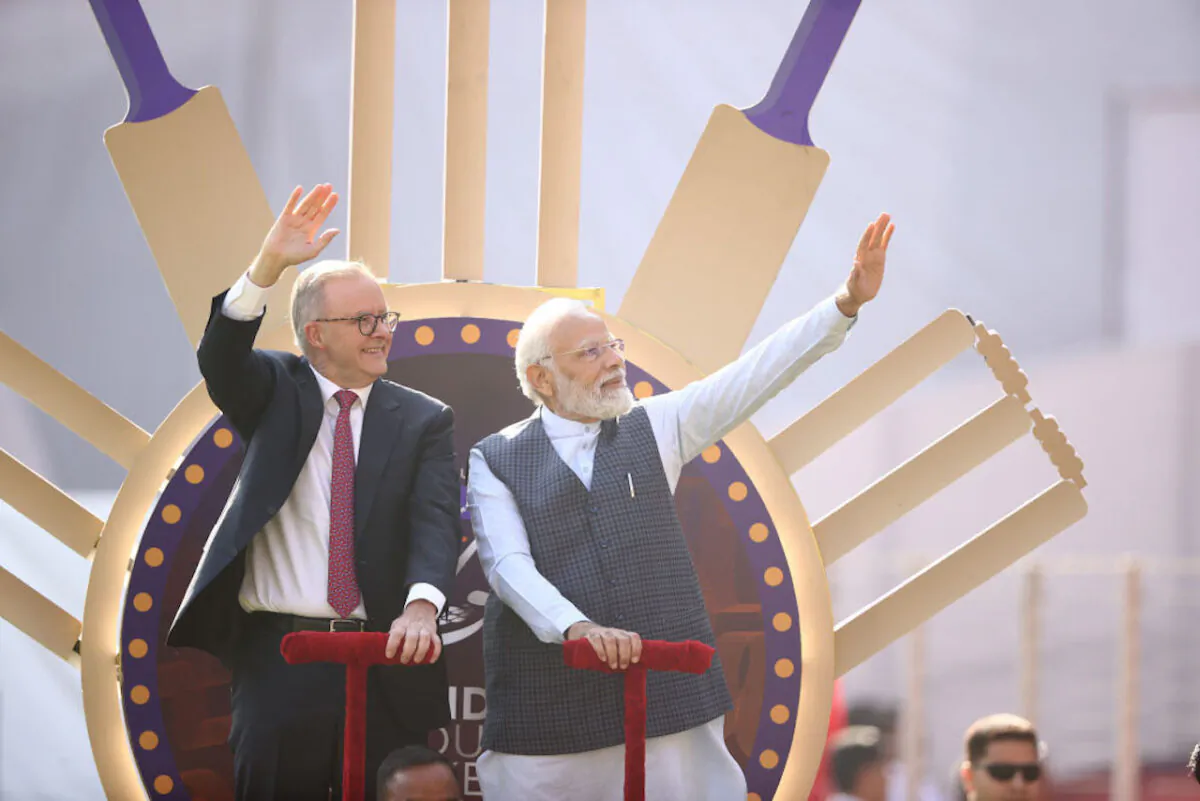 Australian Prime Minister Anthony Albanese and Indian Prime Minister Narendra Modi
are seen on a lap of honour during day one of the Fourth Test match in the series between India and Australia at Sardar Patel Stadium on March 9, 2023 in Ahmedabad, India. (Robert Cianflone/Getty Images)
