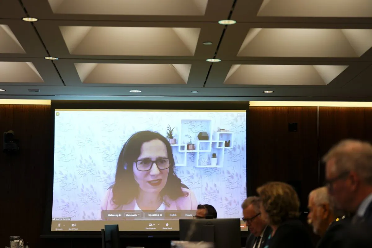 Google Canada's Sabrina Geremia appears via videoconference as a witness at a Standing Committee on Canadian Heritage on Parliament Hill in Ottawa on March 6, 2023. (The Canadian Press/Sean Kilpatrick)