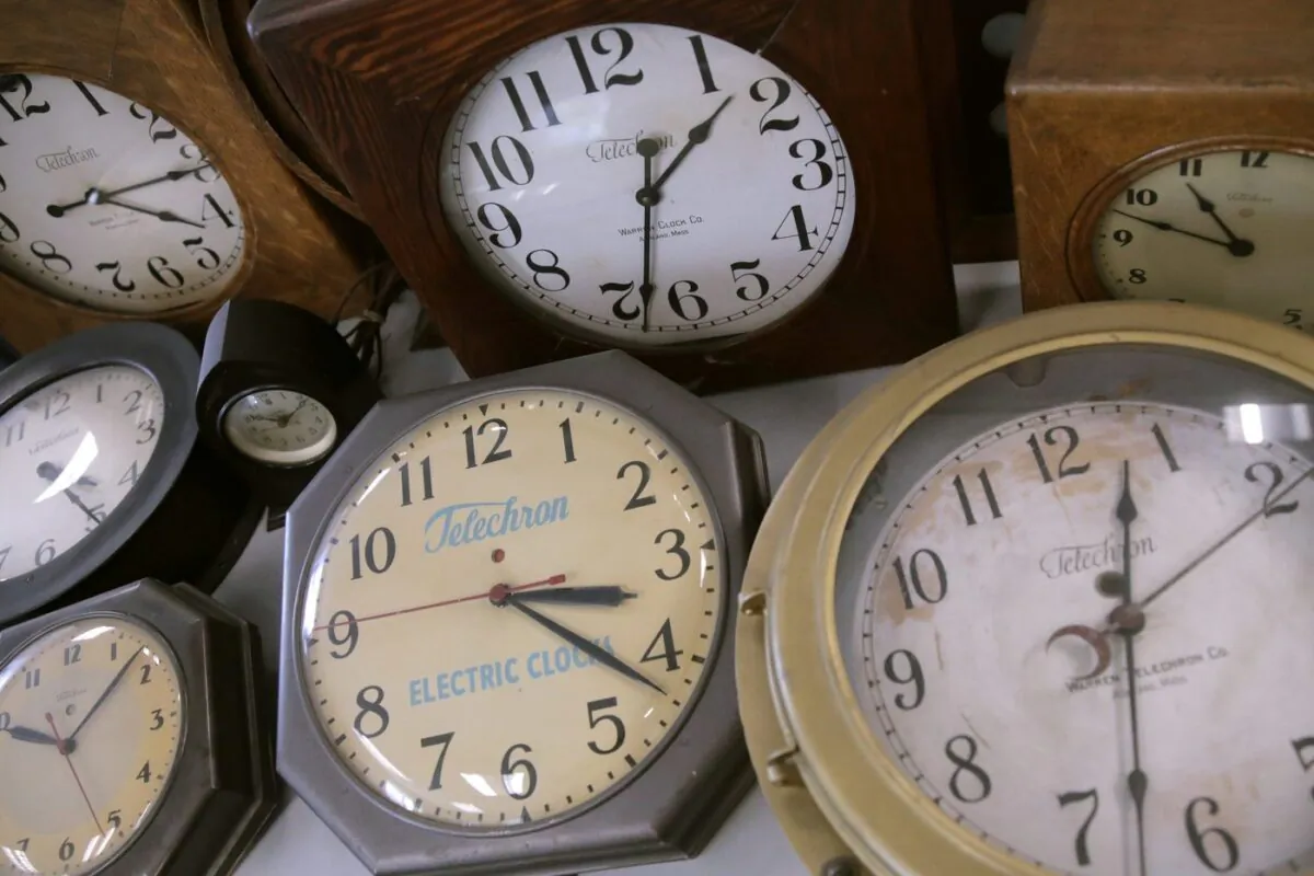 Antique clocks are displayed at the Electric Time Company, in Medfield, Massachusetts on March 5, 2020. (The Associated Press/Charles Krupa)