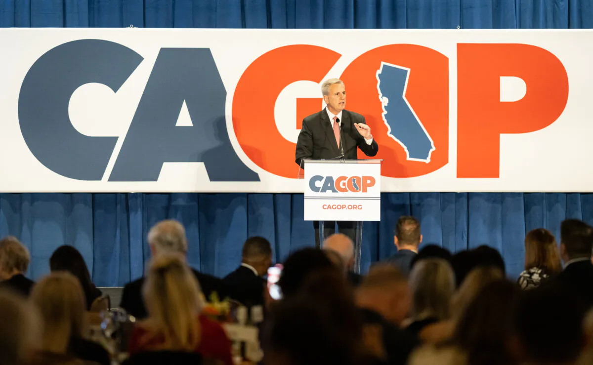 House Speaker Kevin McCarthy speaks in Sacramento, Calif., on March 11, 2023. (John Fredricks/The Epoch Times)