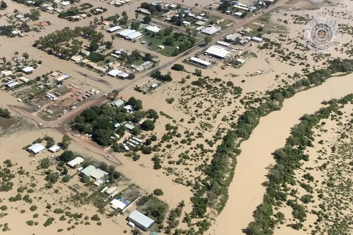 A screenshot of supplied vision of flooding in Burketown Queensland on Saturday, March 11, 2023. A broad swathe of Queensland is being warned about the threat of thunderstorms as the northwest grapples with its worst floods in years. (AAP Image/Supplied by Queensland Police) NO ARCHIVING, EDITORIAL USE ONLY