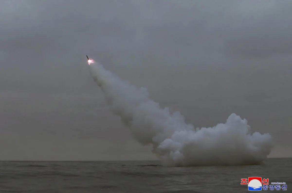 North Korea fires two missiles from a submarine striking an underwater target, according to state media, at an undisclosed location in North Korea, on March 12, 2023, in this photo released by North Korea's Korean Central News Agency (KCNA). (KCNA via Reuters)