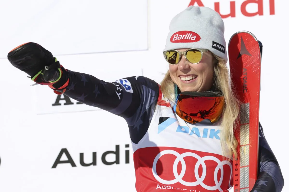 The winner United States' Mikaela Shiffrin celebrates after an alpine ski, women's World Cup slalom, in Are, Sweden, on March 11, 2023. (Alessandro Trovati/AP Photo)