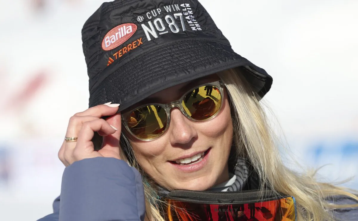 The winner United States' Mikaela Shiffrin wears an hat with n. 87, the number of her World Cup victories, one more than ski great Ingemar Stenmark, after an alpine ski, women's World Cup slalom, in Are, Sweden, on March 11, 2023. (Alessandro Trovati/AP Photo)