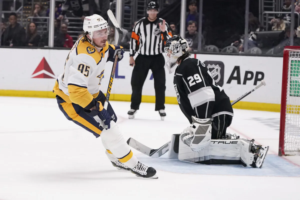 Nashville Predators center Matt Duchene, left, scores past Los Angeles Kings goaltender Pheonix Copley (29) during the shootout in an NHL hockey game in Los Angeles on March 11, 2023. (Marcio Jose Sanchez/AP Photo)