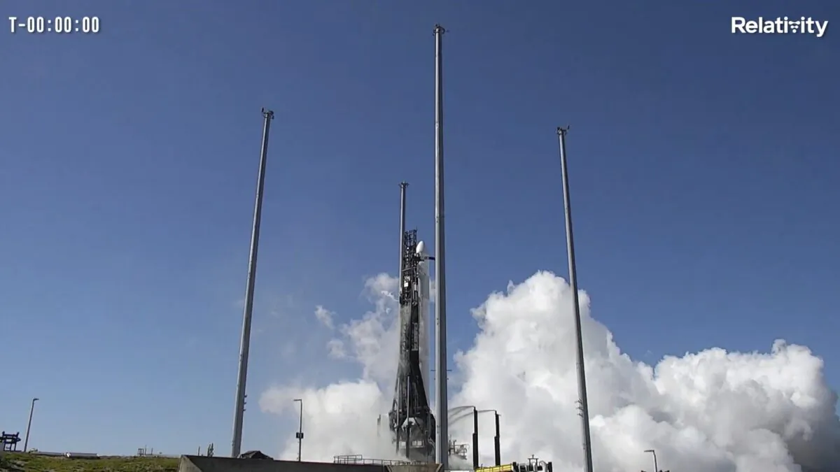 Relativity Space's Terran 1 rocket on the launch pad in Cape Canaveral, Fla., on March 11, 2023, after a countdown hold. (Relativity Space via AP)