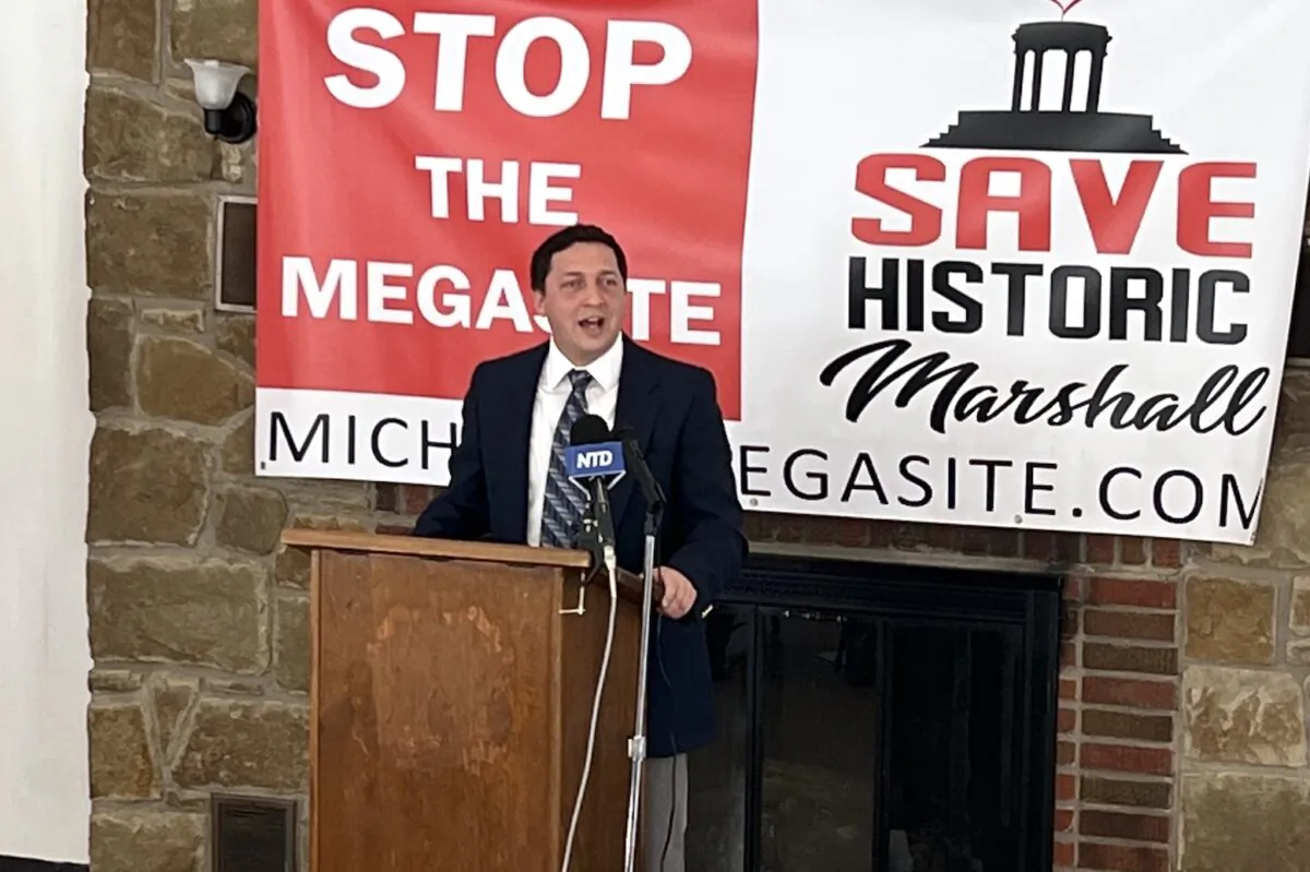 Michigan State Representative Steve Carra (R-Three Rivers) speaks at a press conference in Marshall, Mich., on Mar. 11, 2023, objecting to using taxpayer dollars to fund a Ford electric vehicle battery plant partnered with a Chinese company with ties to the Chinese Communist Party. (NTD)