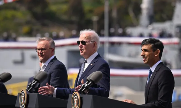 U.S. President Joe Biden (C) speaks alongside British Prime Minister Rishi Sunak (R) and Australian Prime Minister Anthony Albanese (L) at a press conference during the AUKUS summit at Naval Base Point Loma in San Diego, Calif., on March 13, 2023. (Jim Watson/AFP via Getty Images)