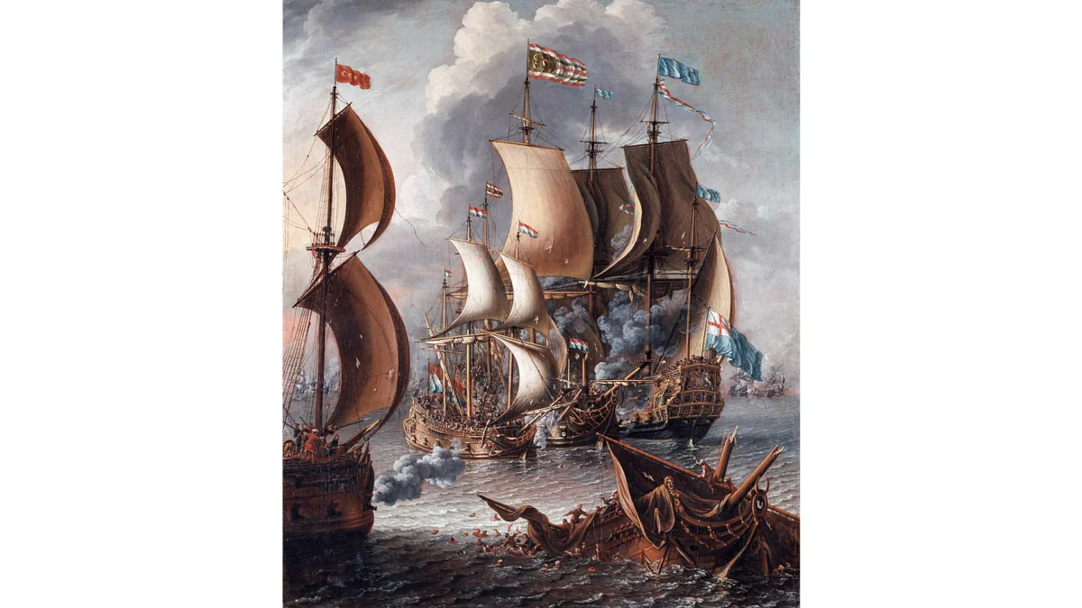 American merchant ships also faced the threat of the Algerian pirates. "A Sea Fight with Barbary Corsairs," circa 1681, by Laureys a Castro. (Public Domain)