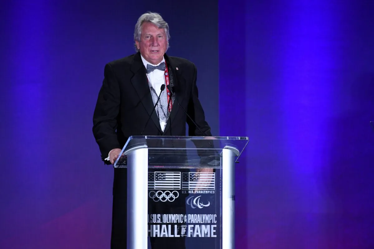 Dick Fosbury speaks at U.S. Olympic & Paralympic Hall of Fame Class of 2019 Induction Ceremony in Colorado Springs, Colo., on Nov. 1, 2019. (Jamie Schwaberow/Getty Images for USOPC)