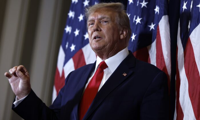 Former President Donald Trump speaks to reporters before his speech at the annual Conservative Political Action Conference (CPAC) at Gaylord National Resort & Convention Center in National Harbor, Maryland, on March 4, 2023. (Anna Moneymaker/Getty Images)