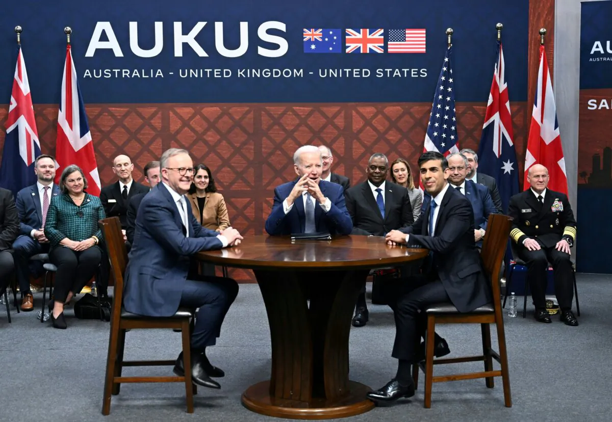 U.S. President Joe Biden (C) participates in a trilateral meeting with British Prime Minister Rishi Sunak (R) and Australia's Prime Minister Anthony Albanese (L) during the AUKUS summit at Naval Base Point Loma in San Diego Calif., on March 13, 2023. (Jim Watson/AFP via Getty Images)