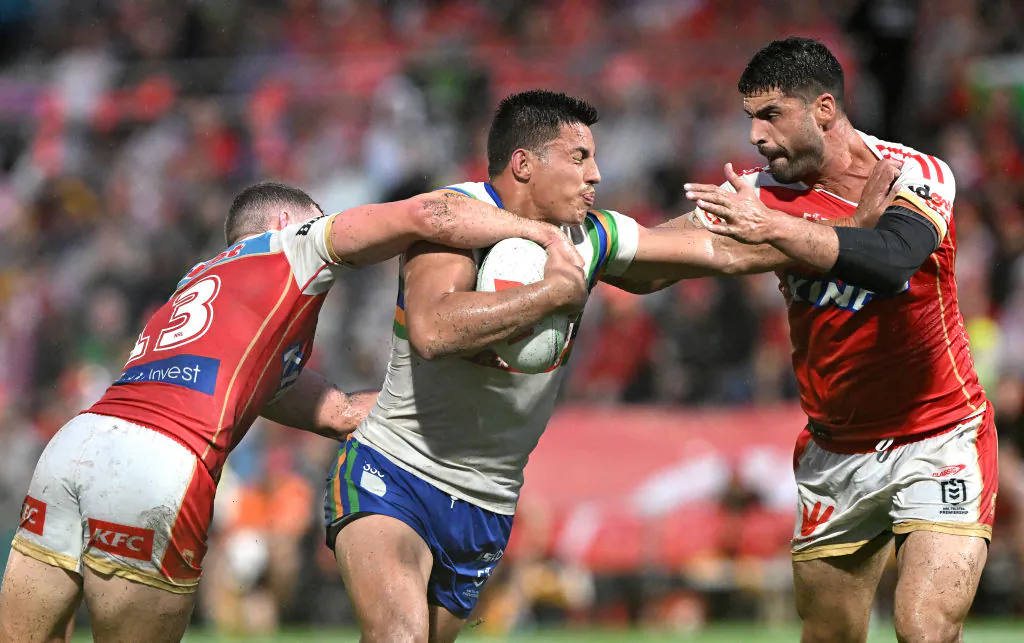 Joseph Tapine of the Raiders takes on the defence during the round two NRL match between the Dolphins and the Canberra Raiders at Kayo Stadium in Brisbane, Australia on March 11, 2023. (Bradley Kanaris/Getty Images)
