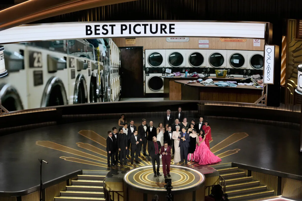 The cast and crew of "Everything Everywhere All at Once" accepts the award for best picture at the Oscars at the Dolby Theatre in Los Angeles on March 12, 2023. (Chris Pizzello/AP Photo)