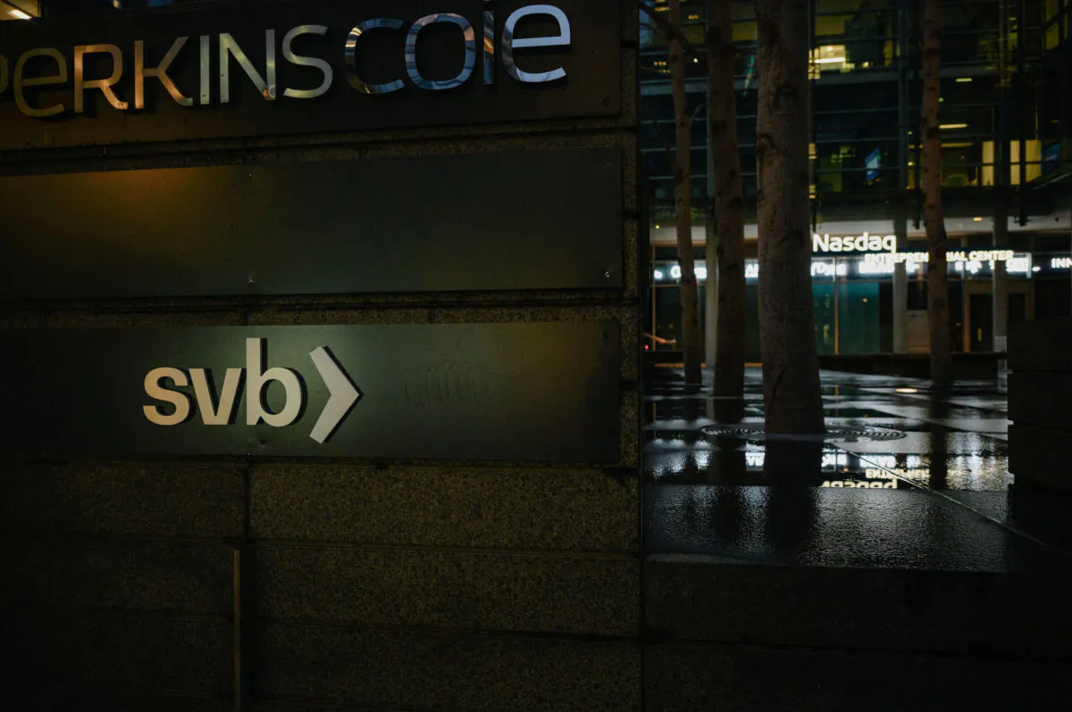 A logo at the Silicon Valley Bank branch office in downtown San Francisco on March 13, 2023. (Kori Suzuki/Reuters)