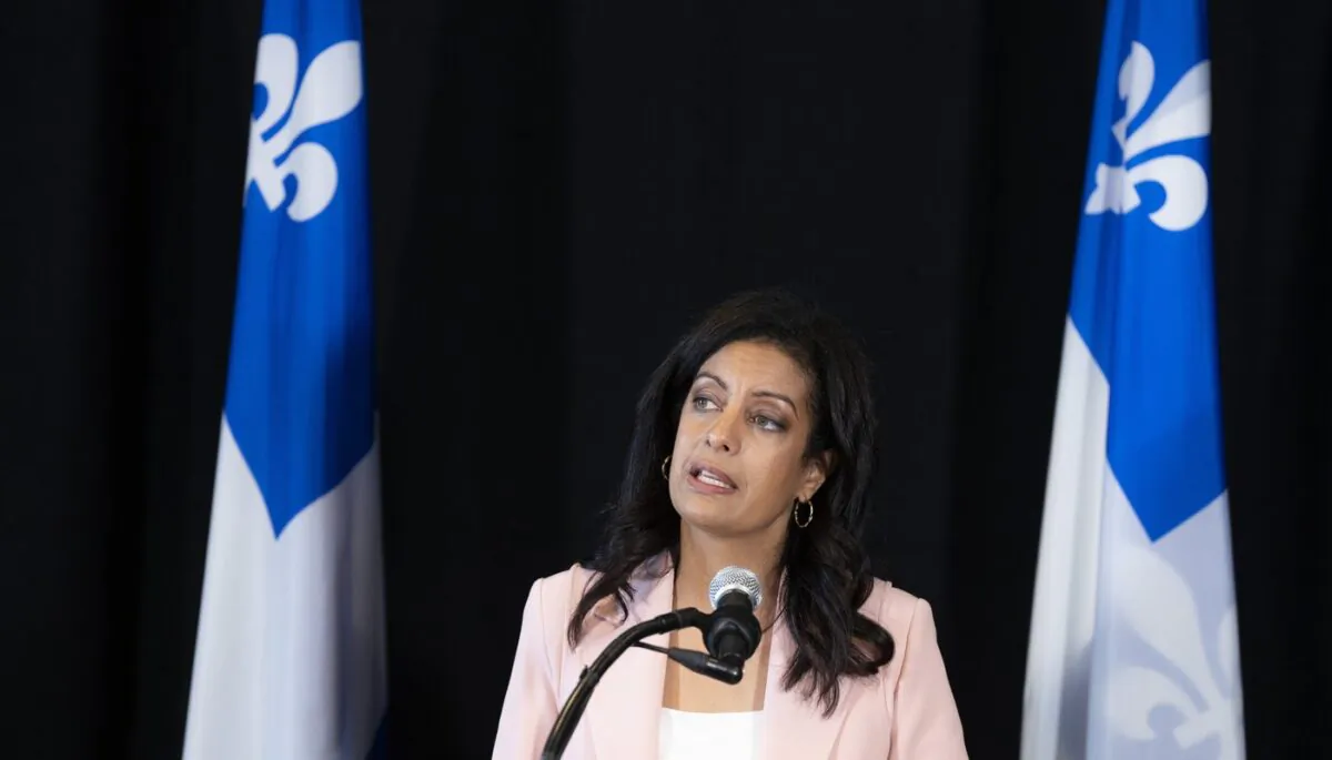 Quebec Liberal leader Dominique Anglade announces her resignation as leader of the party and MNA in Montreal on Nov. 7, 2022. (The Canadian Press/Paul Chiasson)