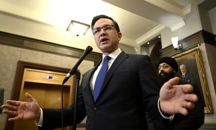 Conservative Leader Pierre Poilievre speaks at a news conference in the Foyer of the House of Commons on Parliament Hill in Ottawa, on Mar. 12, 2023. (The Canadian Press/Justin Tang)