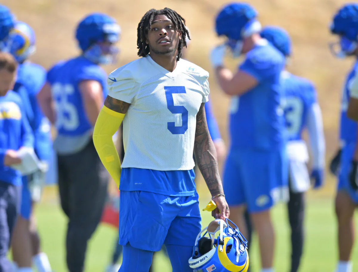 Jalen Ramsey (5) of the Los Angeles Rams talks with players on the field during mini camp at the team's facility at California Lutheran University in Thousand Oaks, Calif., on on June 8, 2022. (Jayne Kamin-Oncea/Getty Images)