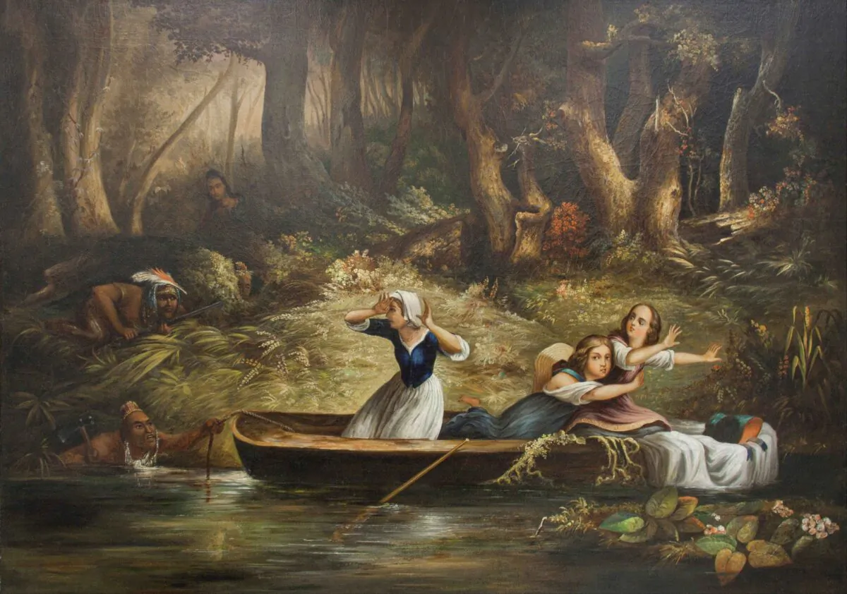 “Capture of the Calloway Girls and Jemima Boone”
by Karl Bodmer, circa 1852. Oil on canvas. (Public Domain)
