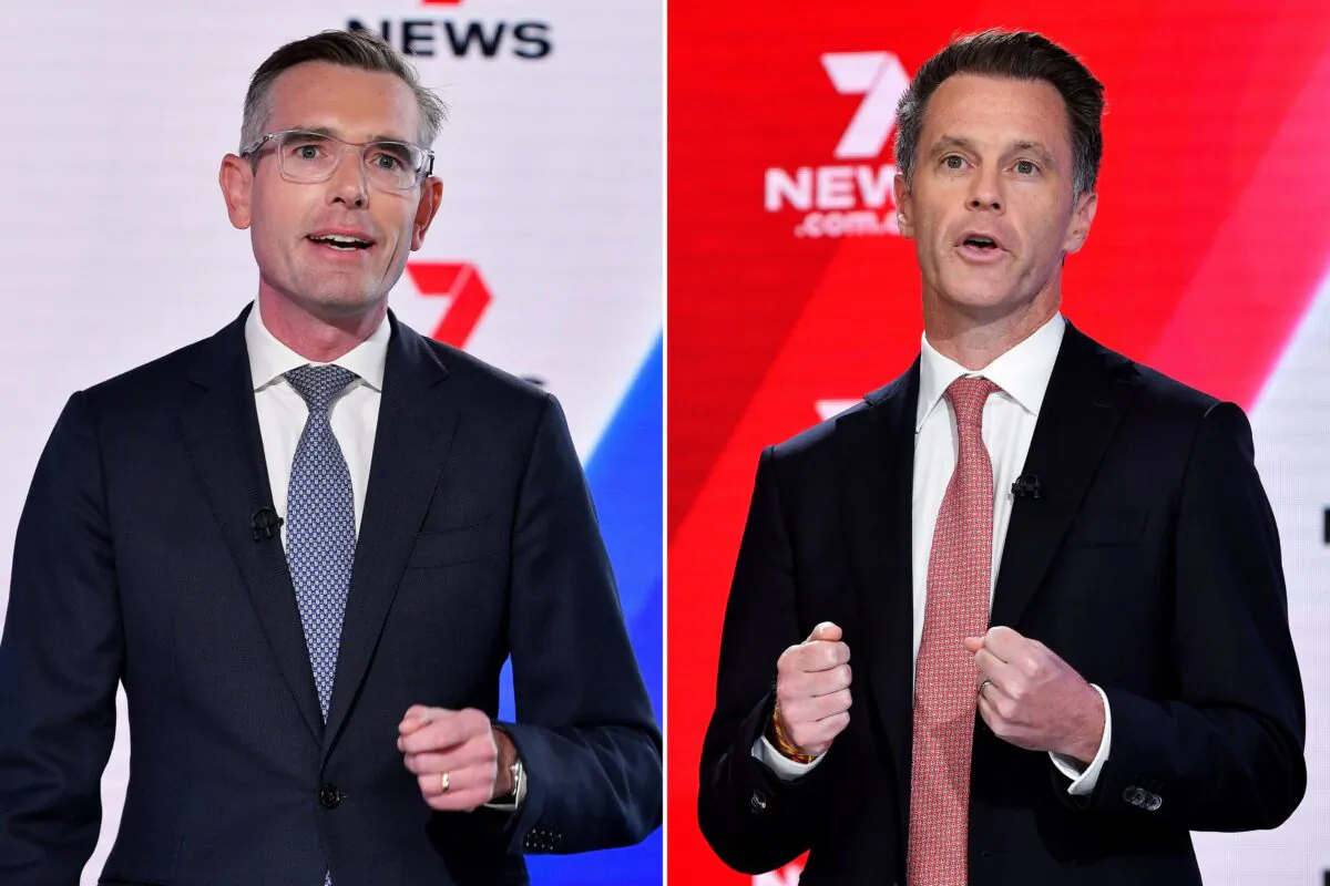 A combined image shows (left) NSW Premier Dominic Perrottet and (right) NSW Labor leader Chris Minns during an election Leaders Debate in Sydney, Australia on March 8, 2023. (AAP Image/Bianca De Marchi) 