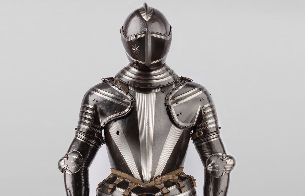 Cropped image of Field Armor, possibly made for Heinrich V, Duke of Brunswick-Wolfenbüttel, 1550, Steel and leather, Collection of Ronald S. Lauder, promised gift to The Metropolitan Museum of Art. (Hulya Kolabas)
