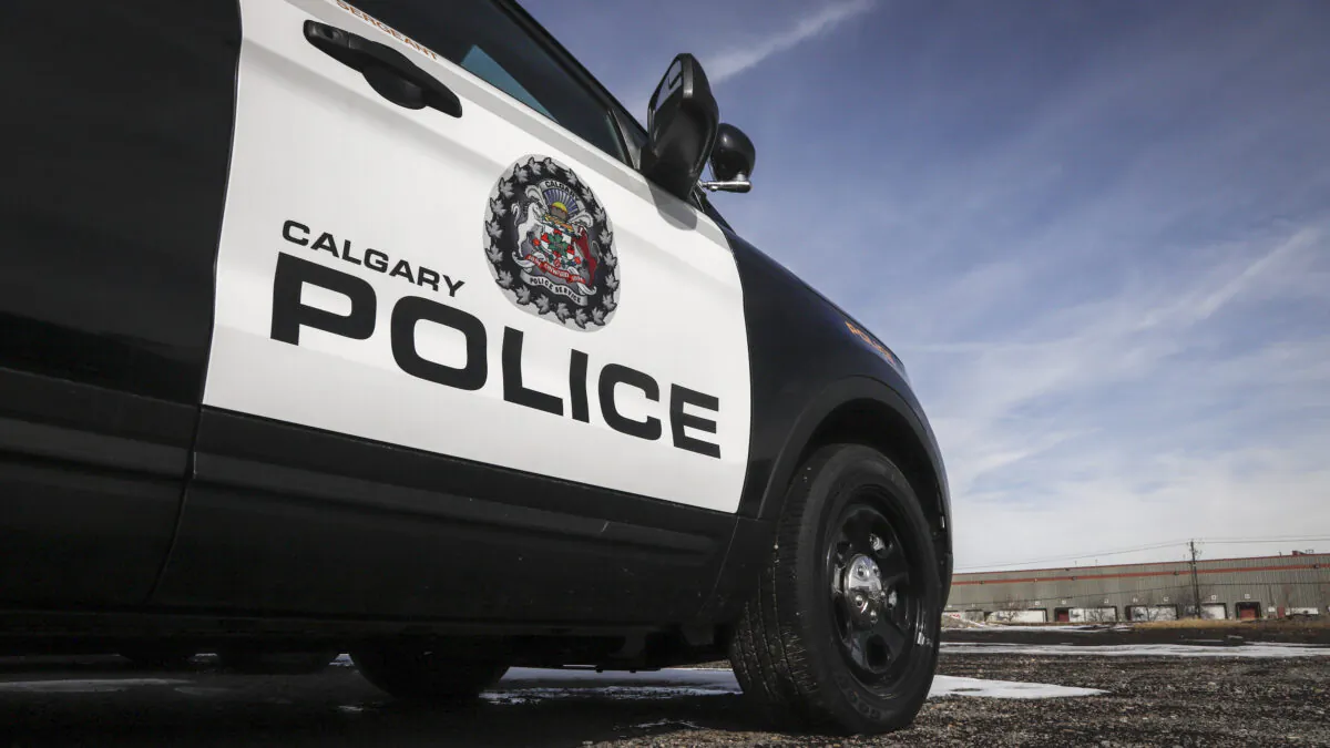 A police vehicle is shown at the Calgary Police Service headquarters on April 9, 2020. (Jeff McIntosh/The Canadian Press)