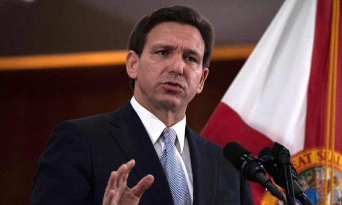 Florida Gov. Ron DeSantis answers questions from the media in the Florida Cabinet following his "State of the State" address during a joint session of the Florida Senate and House of Representatives at the Florida State Capitol in Tallahassee, Florida, on March 7, 2023. (Cheney Orr/AFP via Getty Images)