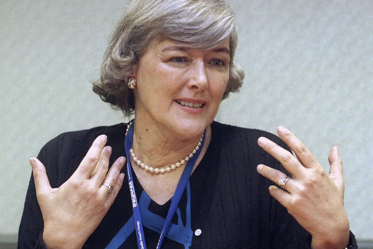 Pat Schroeder speaks to a reporter during an interview at the Los Angeles Convention Center on April 30, 1999. (Nick Ut/AP Photo)