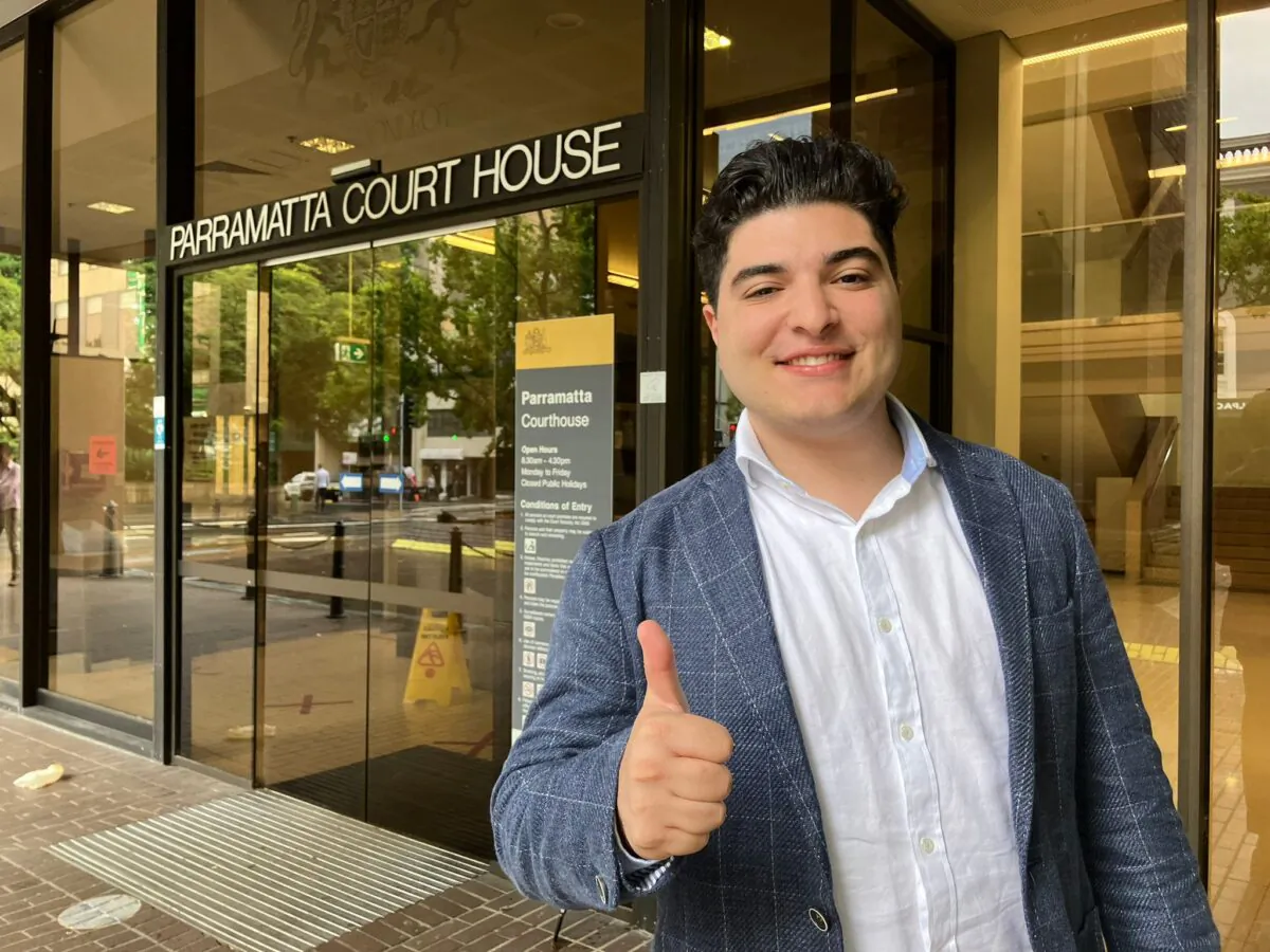 Anti-CCP activist Drew Pavlou hopefully that charges laid by NSW Police against him over his peaceful protest will be dropped by a local court in Parramatta, Australia, on March 14, 2023. (Melanie Sun/The Epoch Times)