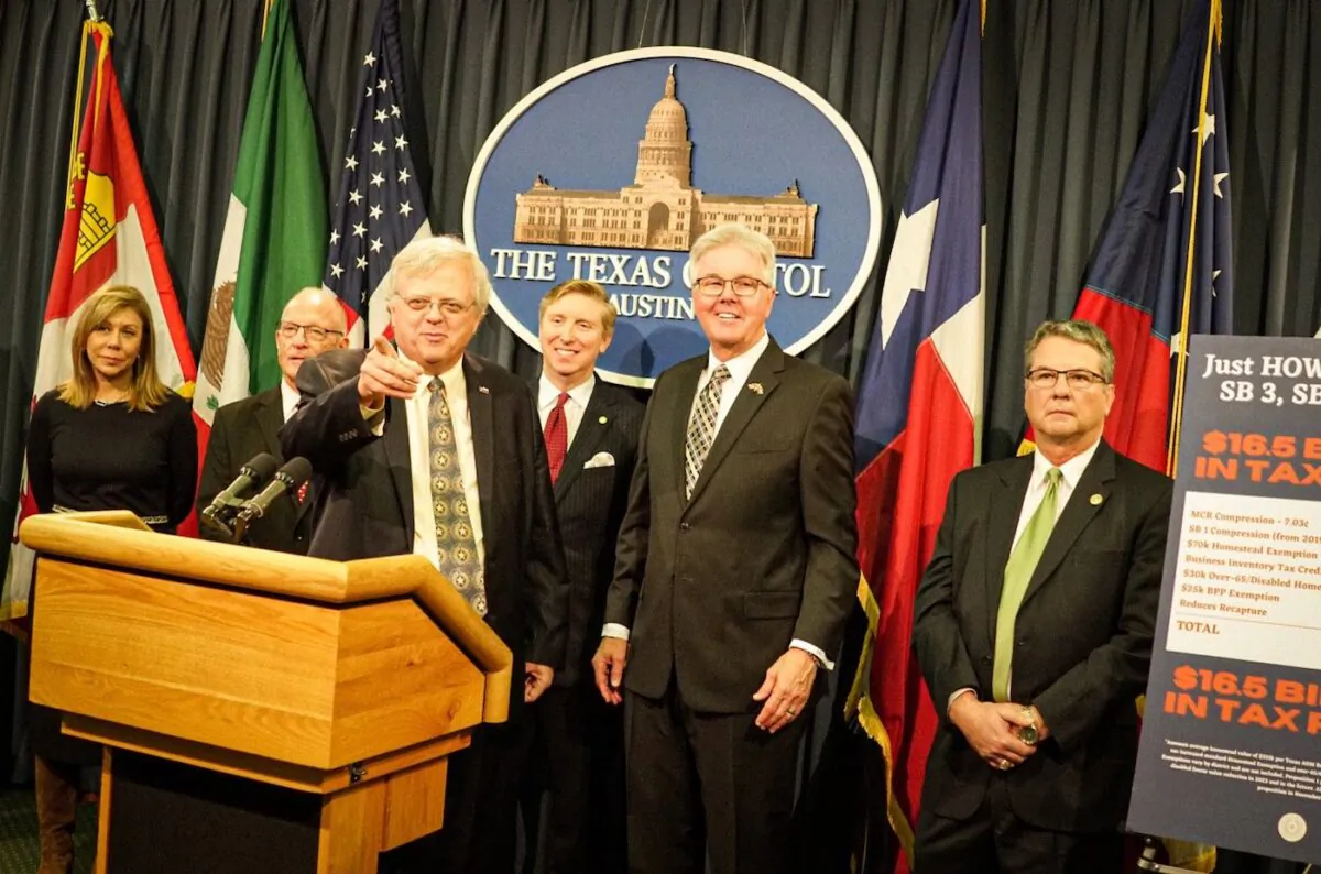 Texas Republican State Sens. Paul Bettencourt  (center), Tan Parker (3rd from left) and Republican Lt. Gov. Dan Patrick (2nd from left) held a press conference at the Texas Capitol in Austin, Texas, on March 14, 2023. (Courtesy Team Bettencourt)