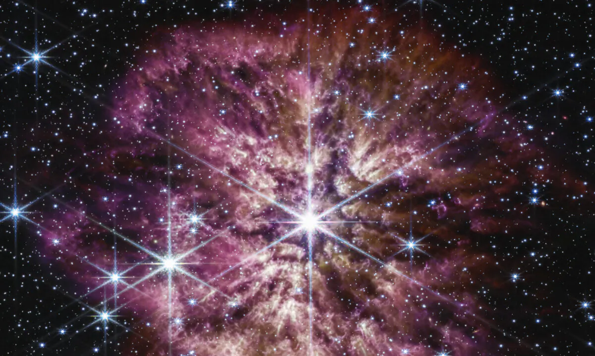 The star Wolf-Rayet 124 (C) is captured by the James Webb Space Telescope in June 2022. (NASA, ESA, CSA, STScI, Webb ERO Production Team via AP)