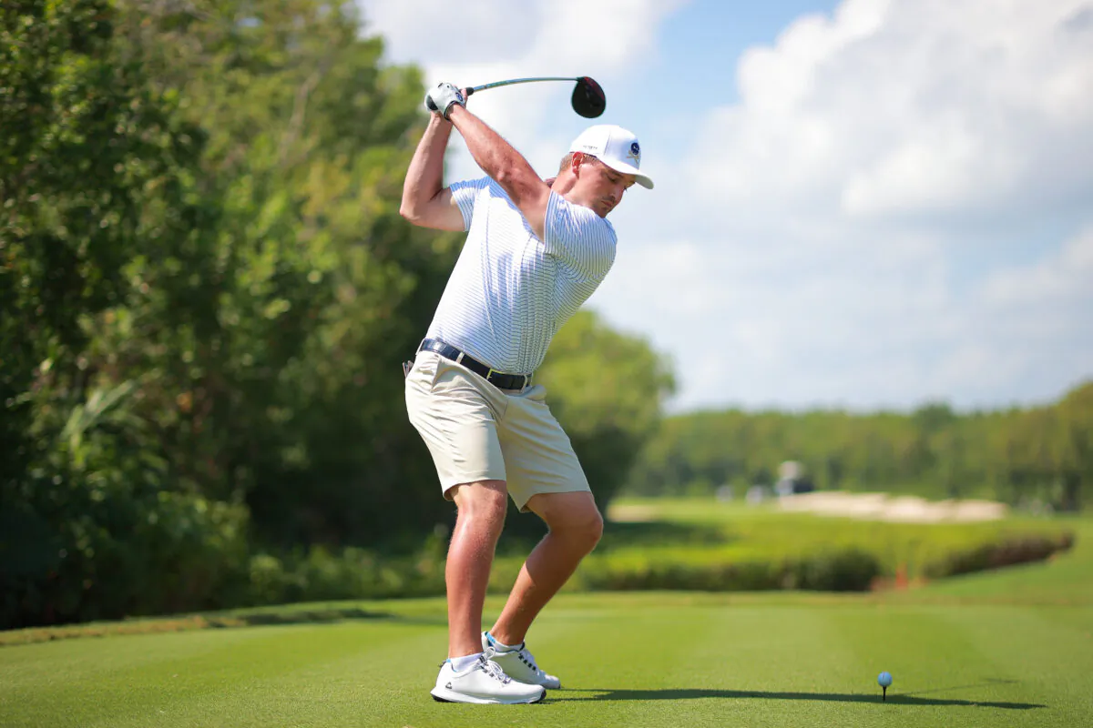 Bryson DeChambeau of Crushers GC plays his shot from the fifth tee during day one of the LIV Golf Invitational - Mayakoba at El Camaleon at Mayakoba in Playa del Carmen, Mexico, on Feb. 24, 2023. (Hector Vivas/Getty Images)