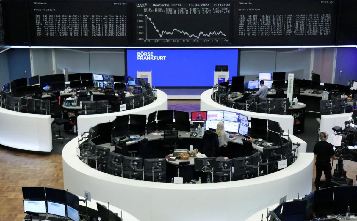 The German share price index DAX graph is pictured at the stock exchange in Frankfurt, Germany, on March 13, 2023. (Staff/Reuters)
