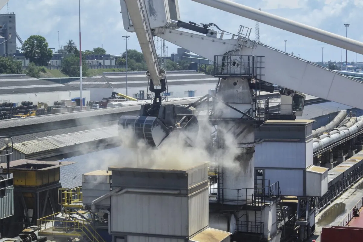 Grain is offloaded from the Eaubonne bulk carrier ship after it docked in the port of Mombasa, Kenya, on Nov. 26, 2022. (Gideon Maundu/AP Photo)
