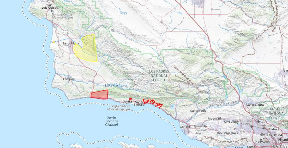 A March 14, 2023, map posted by Santa Barbara County shows evacuation orders currently in effect due to a "atmospheric river" winter storm that will hit much of California on Tuesday and Wednesday. (Santa Barbara County)