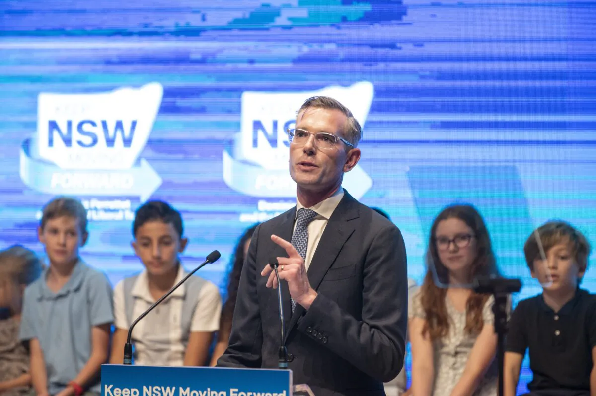 New South Wales Premier Dominic Perrottet speaks during the New South Wales Liberal party campaign launch, ahead of the 2023 New South Wales state election, at Liverpool Catholic Club in Sydney, Australia on March 12, 2023. (AAP Image/Flavio Brancaleone) 