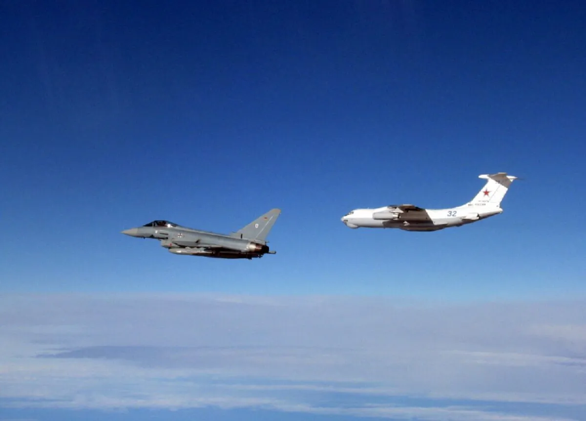 British and German air force fighter jets are scrambled to intercept a Russian aircraft flying close to Estonian airspace on March 14, 2023. (Ministry of Defence via AP)