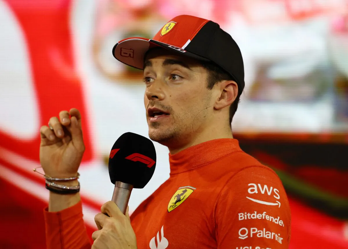 Ferrari's Charles Leclerc during an interview after finishing the race in third place at F1 Grand Prix of Bahrain at the Bahrain International Circuit in Sakhir, Bahrain, on March 4, 2023. (Rula Rouhana/Reuters)