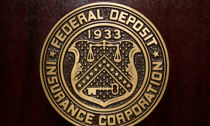The Federal Deposit Insurance Corp (FDIC) logo at the FDIC headquarters in Washington on Feb. 23, 2011. (Jason Reed/Reuters)