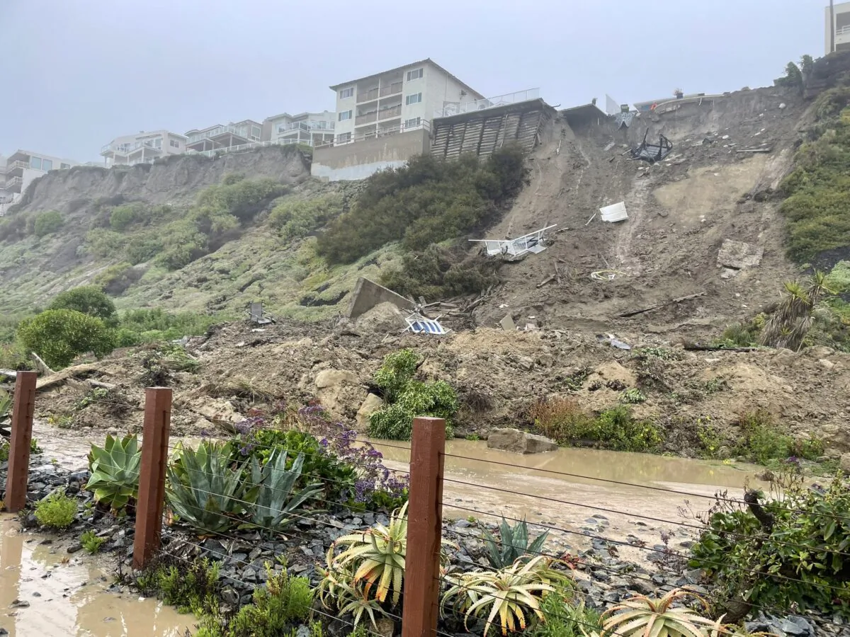 Three apartment buildings in the 1500 block of Buena Vista have been evacuated due to a landslide in the rear in San Clemente, Calif., on March 14, 2023. (Courtesy of Orange County Fire Authority)