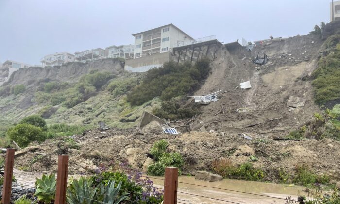 Three apartment buildings in the 1500 block of Buena Vista have been evacuated due to a landslide in the rear in San Clemente, Calif., on March 14, 2023. (Courtesy of Orange County Fire Authority)