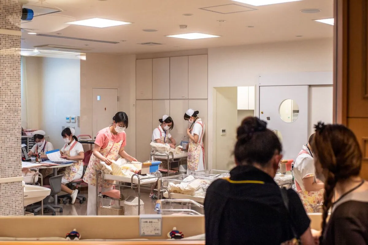 Staff working in a nursery room at Jikei hospital in Kumamoto in southern Japan on June 10, 2022. (Philip Fong/AFP via Getty Images)